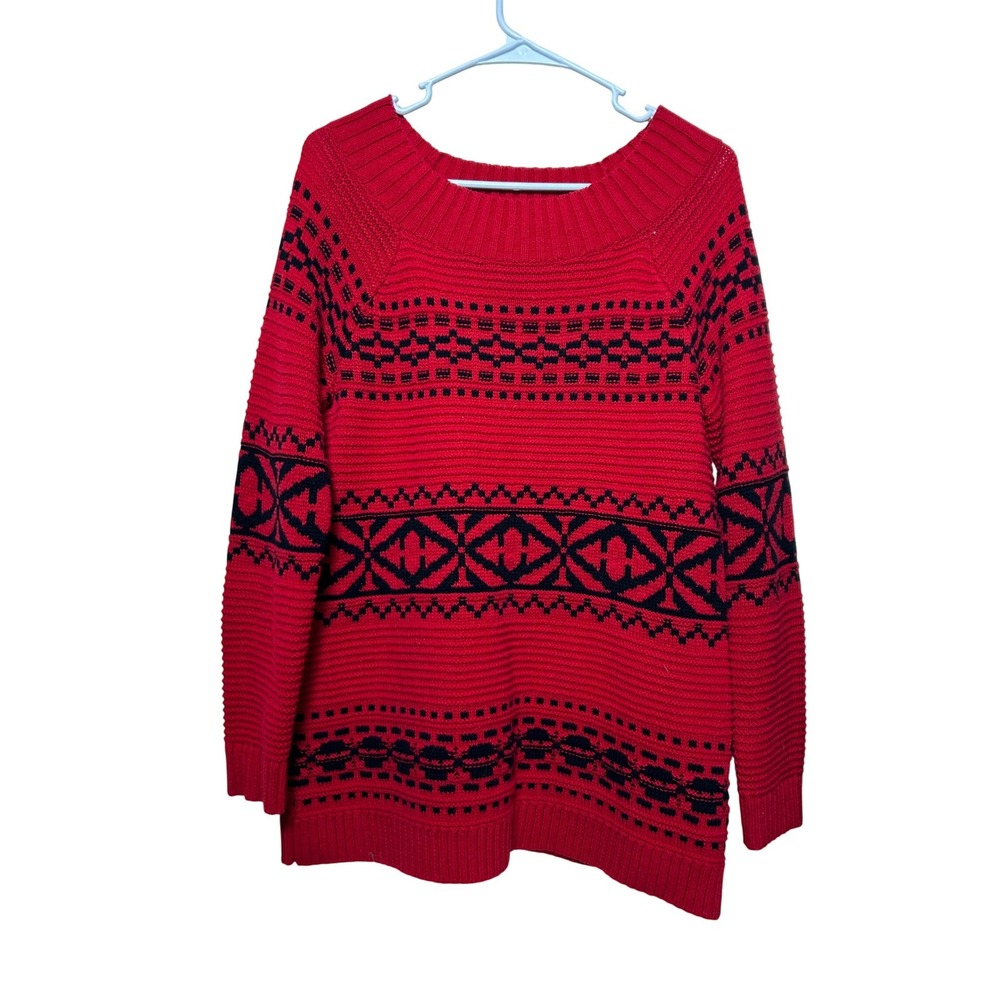 VTG Chaps Womens Red Black Nordic Fair Isle Geometric Knit Tunic Long Sweater M